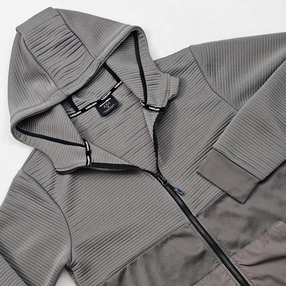 Bauer Hockey Full Zip Hoodie Mens Large Gray Ribbed Hybrid Fleece Sportswear‎